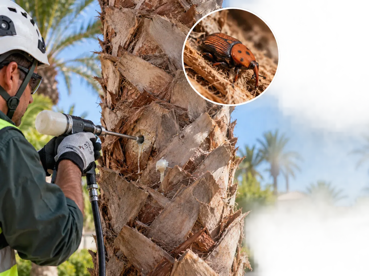 Aplicación de tratamiento fitosanitario inyectado en el tronco de una palmera, con detalle del picudo rojo